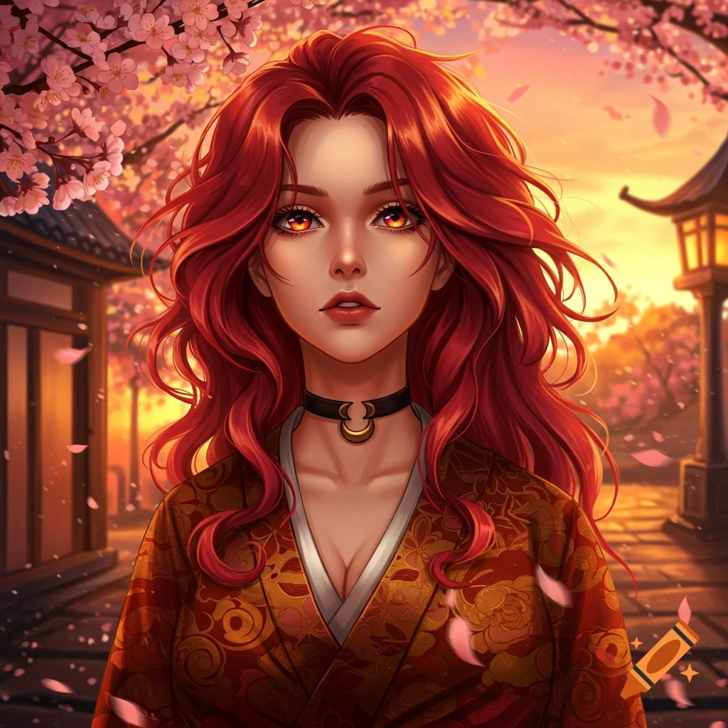 Anime woman with flowing red hair and glowing orange eyes, wearing a red kimono, standing among pink cherry blossoms at sunset.