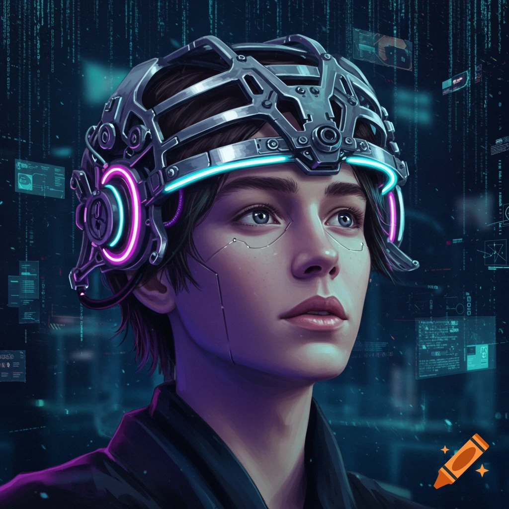 Close-up of a young person with futuristic metal and neon headgear in a digital cyberpunk setting, digital art.