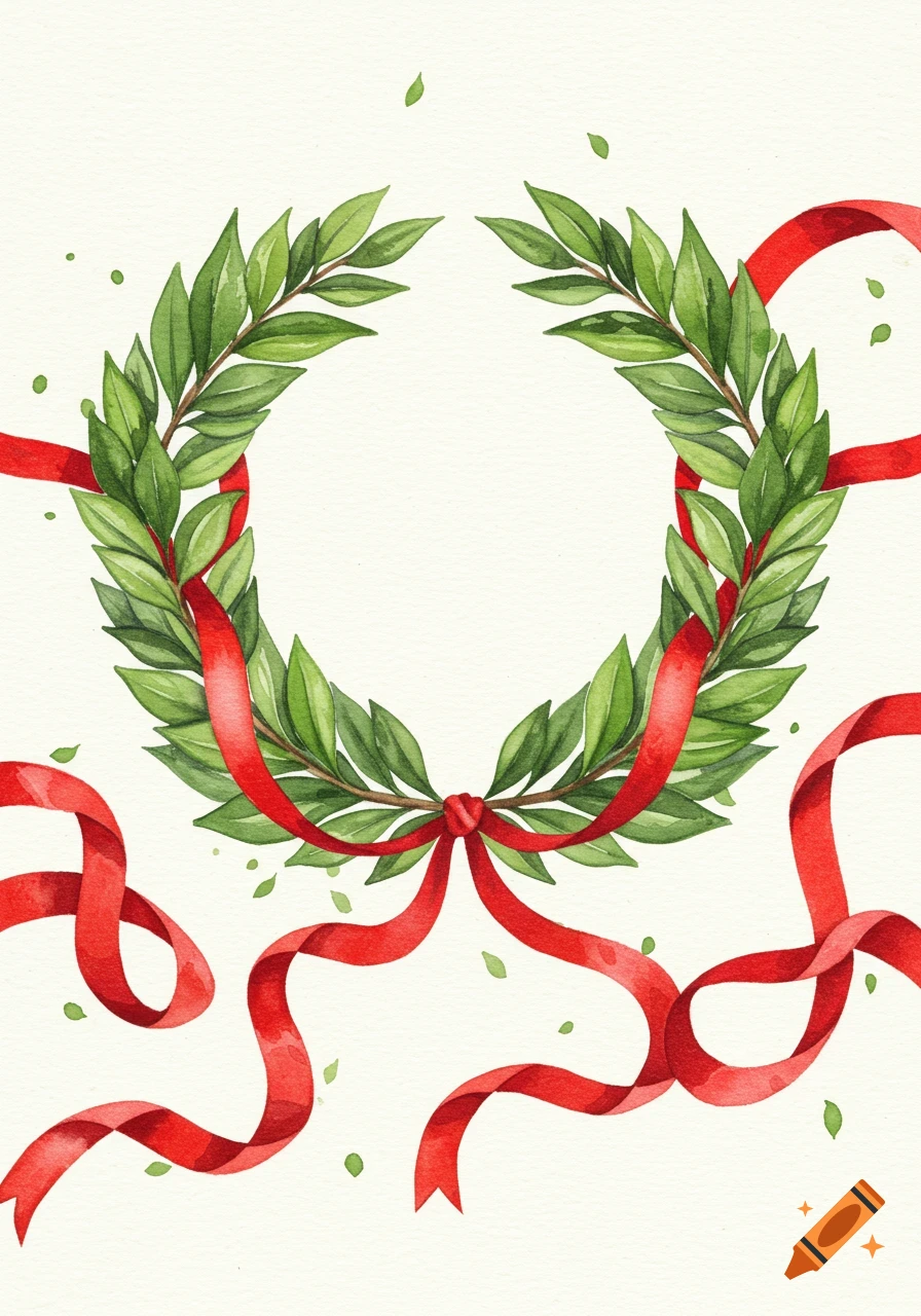 A watercolor illustration of a green laurel wreath tied with flowing red ribbons and scattered green leaves.