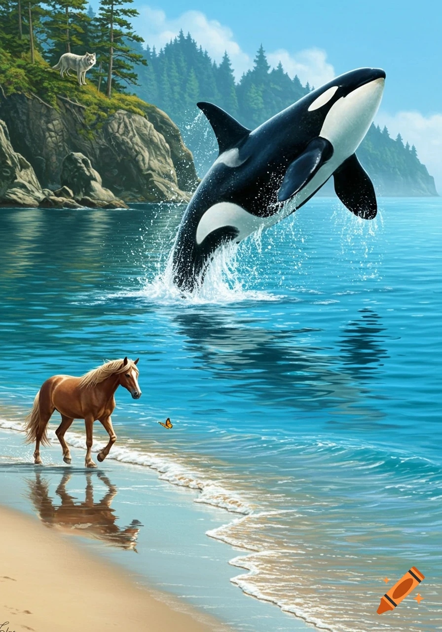 Digital painting of an orca breaching in a blue ocean, a horse walking on a sandy beach with a butterfly, and a wolf on a forested cliff.