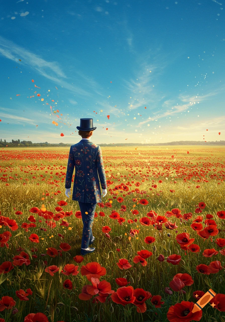 A dandy in a patterned suit and top hat walks through a vibrant red poppy field under a blue sky with colorful flecks.