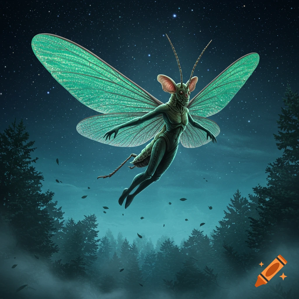 A green, mantis-like humanoid creature with large insect wings and antennae flies against a starry night sky above a dark forest.