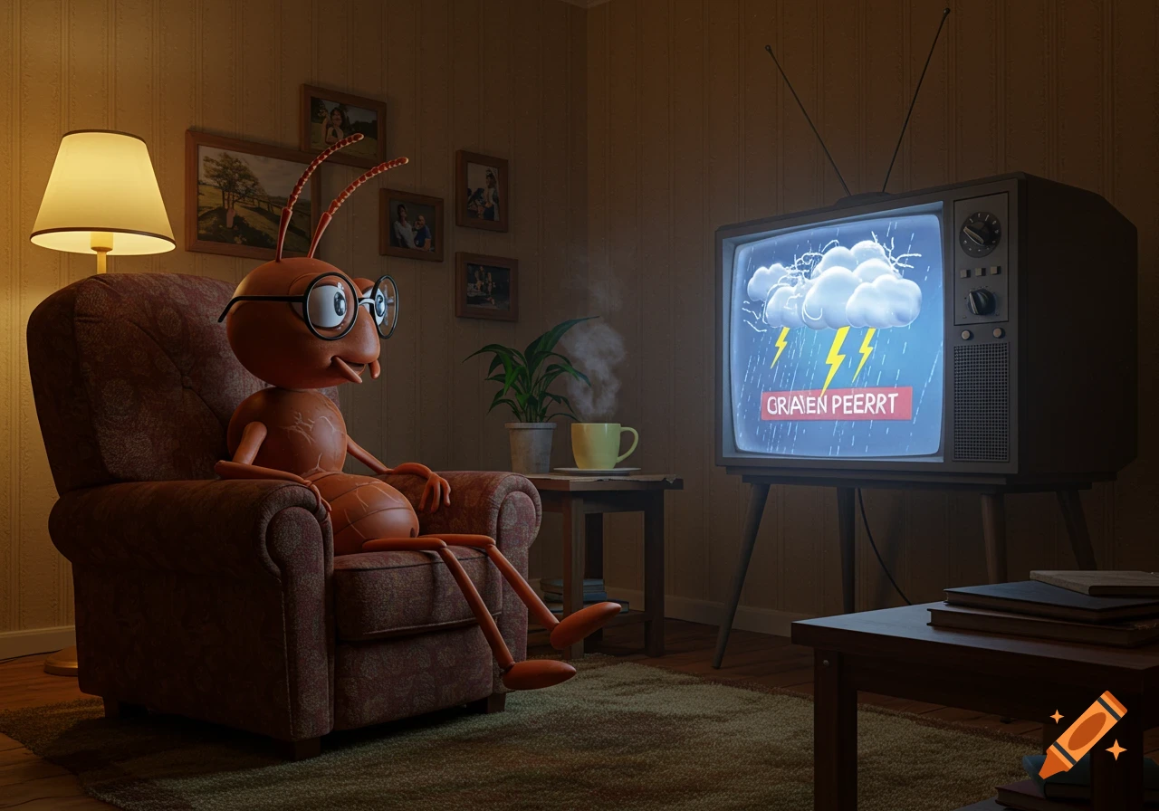 A cartoon ant with glasses sits in a recliner, attentively watching an old television displaying a rainy weather forecast.