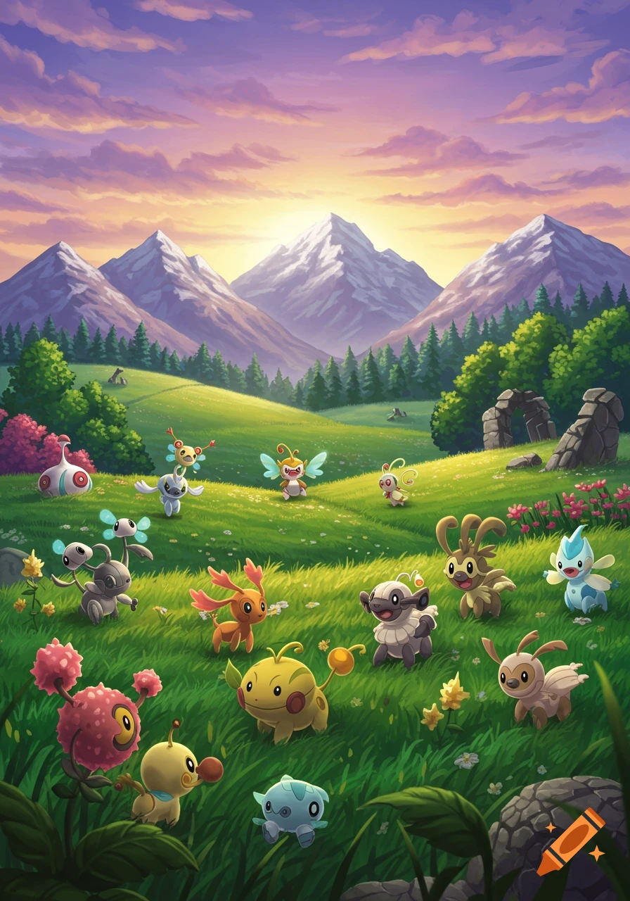 Cartoon creatures resembling Pokemon playing in a vibrant green field with distant mountains under a colorful sunset sky.
