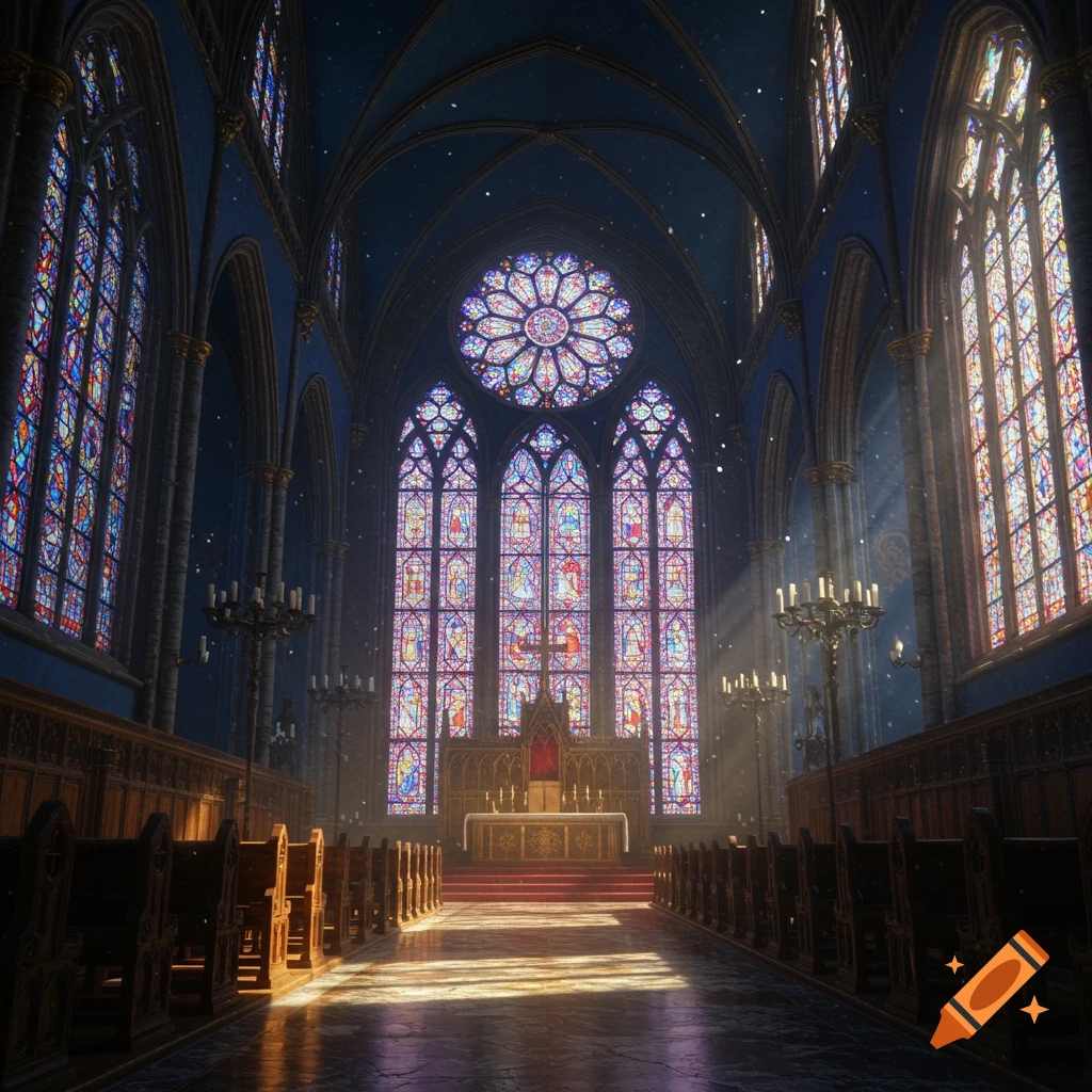 A grand Gothic church interior with vibrant stained glass windows, sunlight streaming through, and rows of wooden pews.