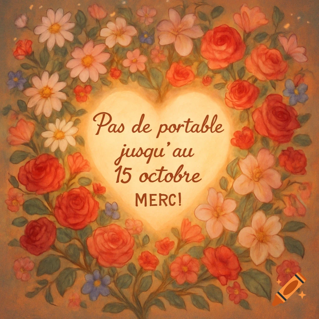 A heart shape formed by a wreath of pink, red, orange, and white flowers with green leaves, containing French text.