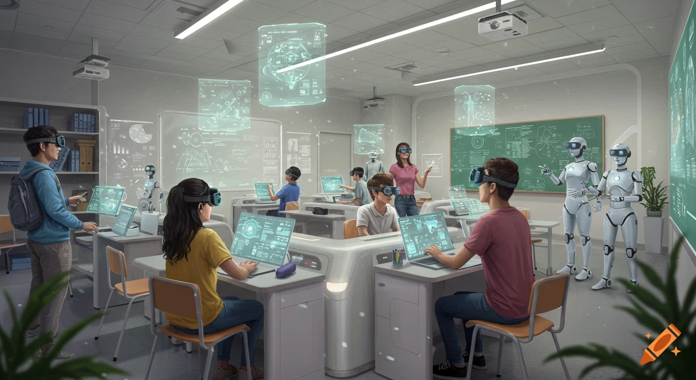 Futuristic classroom with students and robots using VR headsets, holographic displays, and laptops in a modern digital art style.