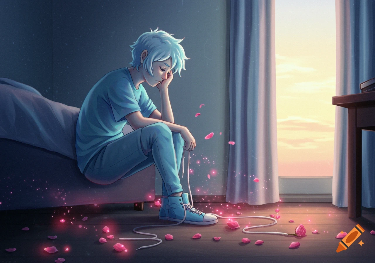 A person with white hair sits contemplatively on a bed in a room with a sunset view, surrounded by glowing pink rose petals.