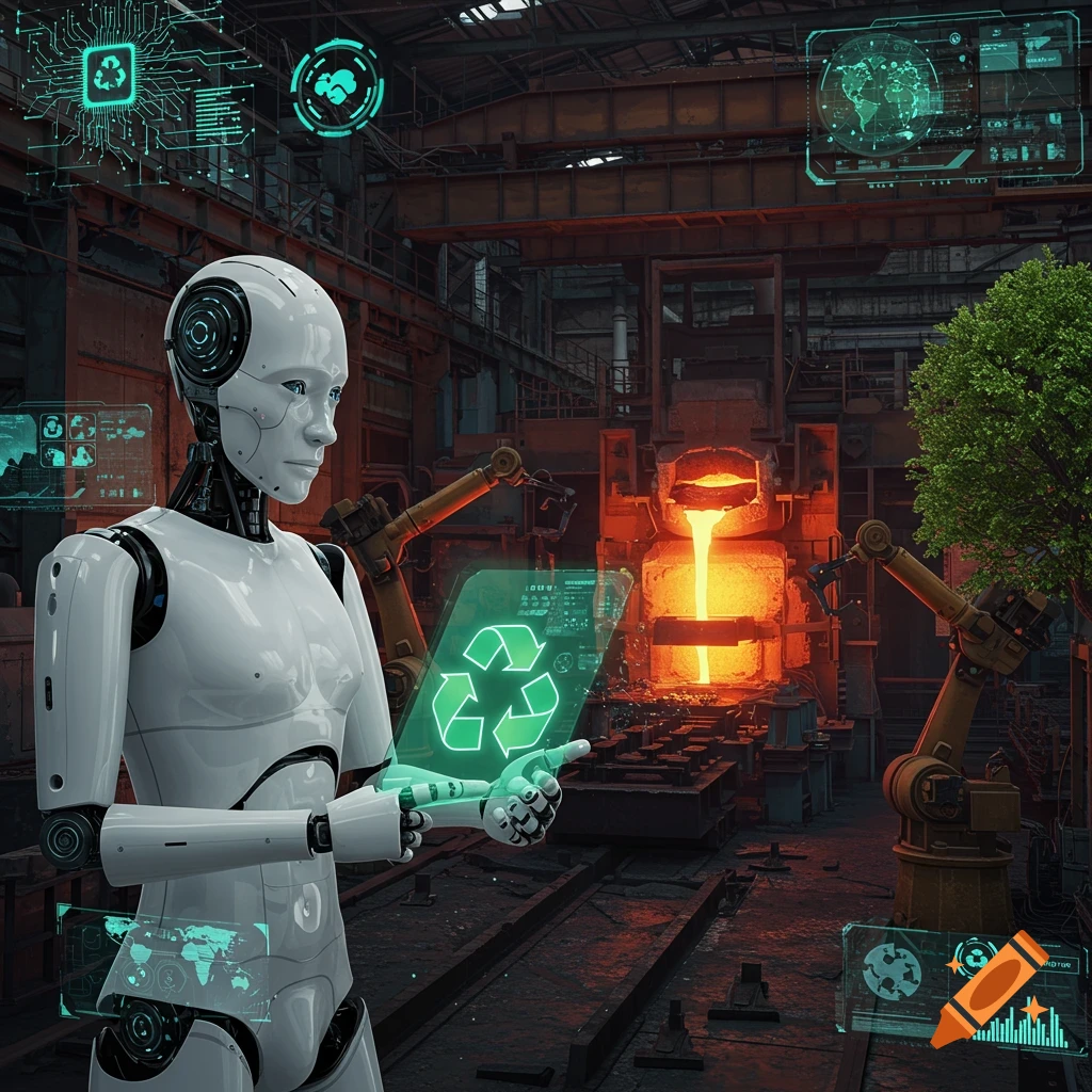 A white humanoid robot holds a glowing green recycling symbol on a holographic tablet in a futuristic steel factory with molten metal pouring from a furnace. Holographic AI interfaces and robotic arms are visible, and a green tree stands nearby.