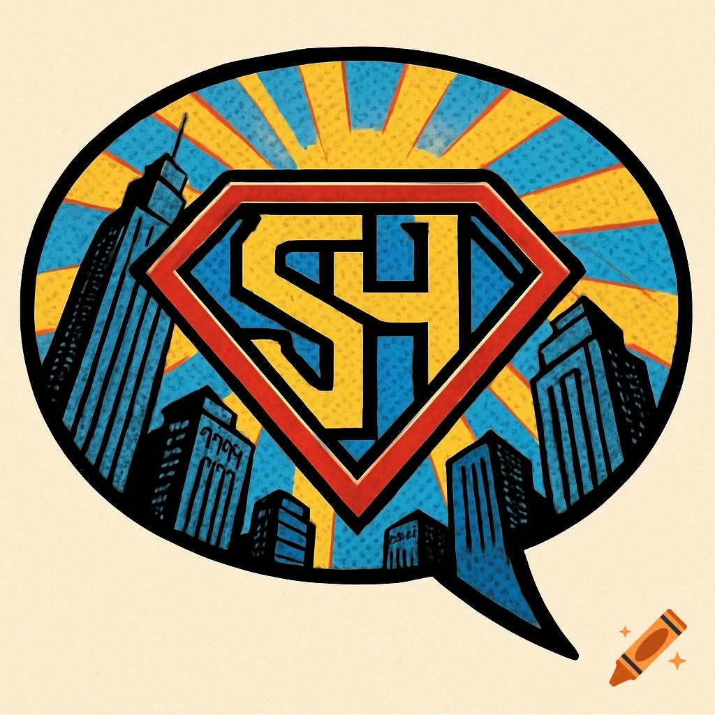 Comic book style logo featuring a superhero emblem with intertwined 'SH' initials over a city skyline and sunburst background.