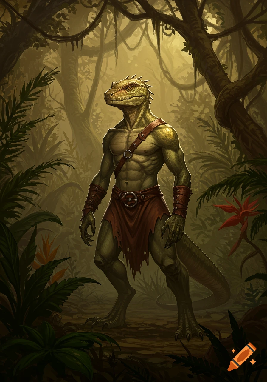 A muscular lizardman with green scales stands in a dense, dark jungle, wearing a tattered loincloth and leather armbands.