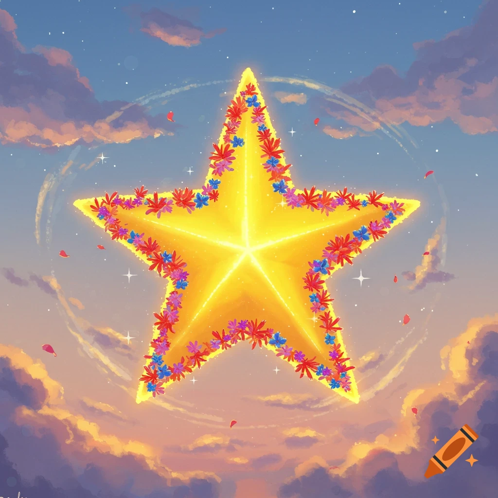 A radiant yellow star adorned with colorful red, pink, and blue flowers, floating in a blue sky with soft, orange-hued clouds.