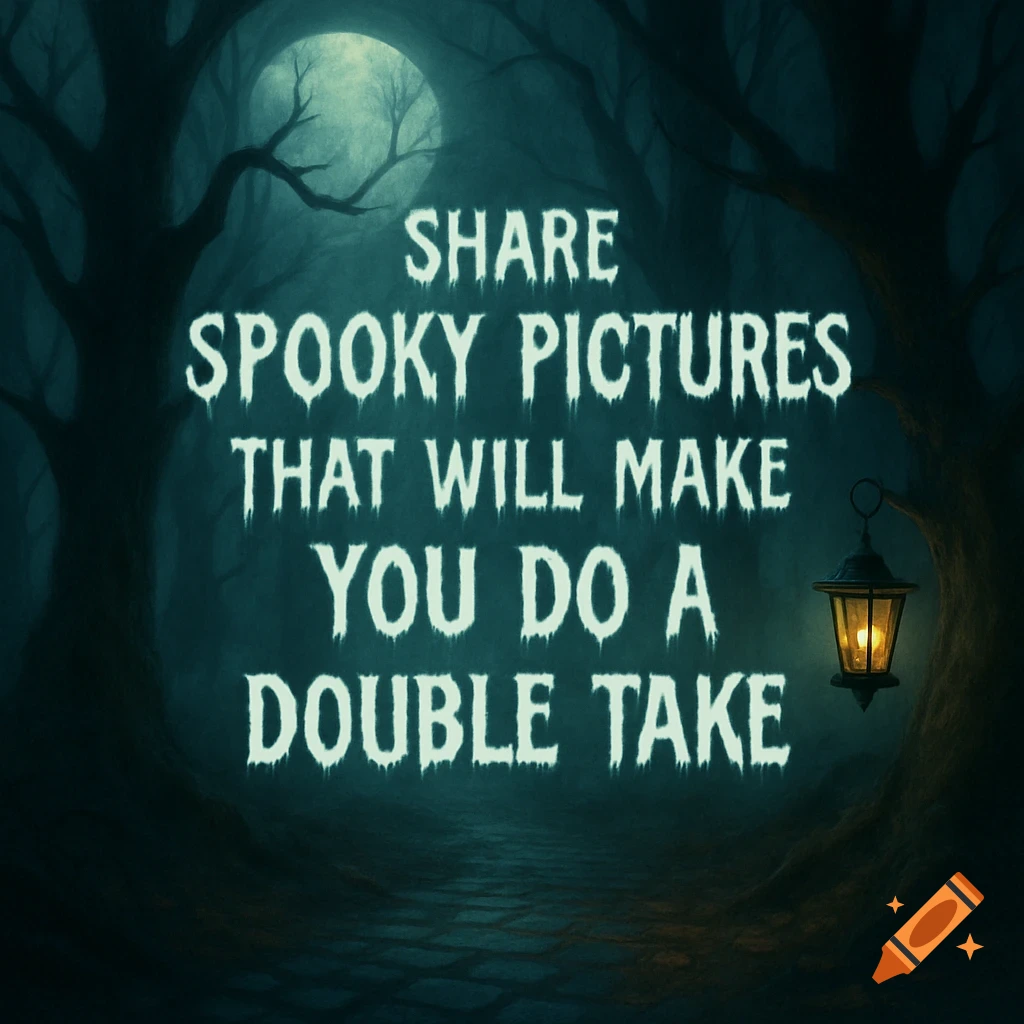 Spooky forest scene with a full moon, silhouetted trees, and a glowing lantern, featuring the text 'Share Spooky pictures that will make you do a double take'.