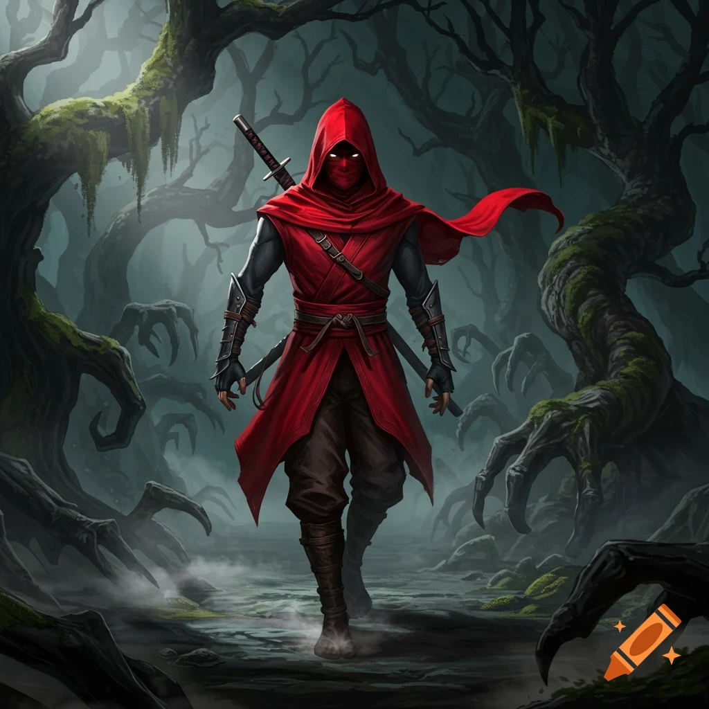 A cloaked ninja in a red hood and cape walks through a dark, misty forest with gnarled, creepy tree roots. Digital painting.