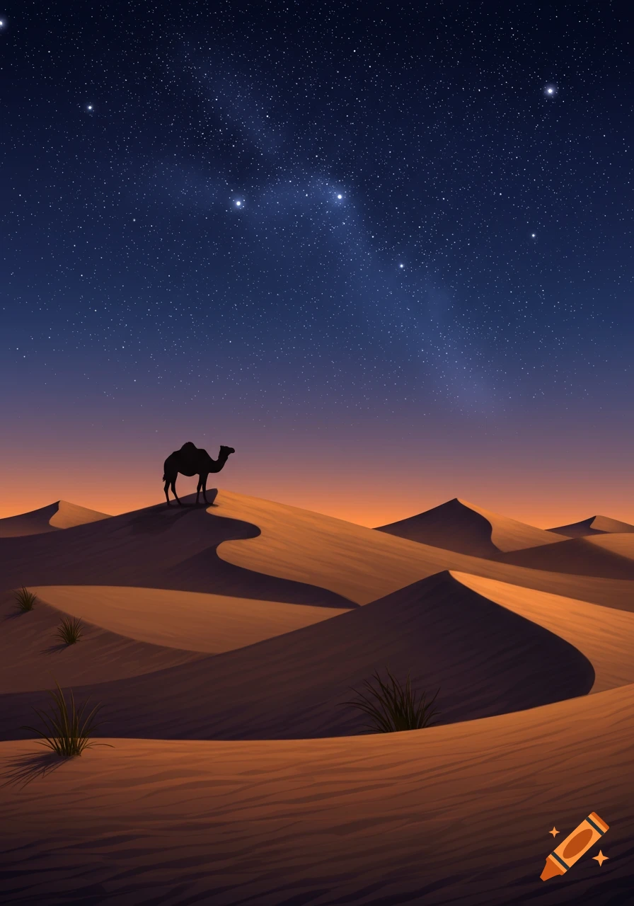 A silhouette of a camel on a desert dune against a vibrant, star-filled night sky and an orange twilight horizon in a stylized illustration.