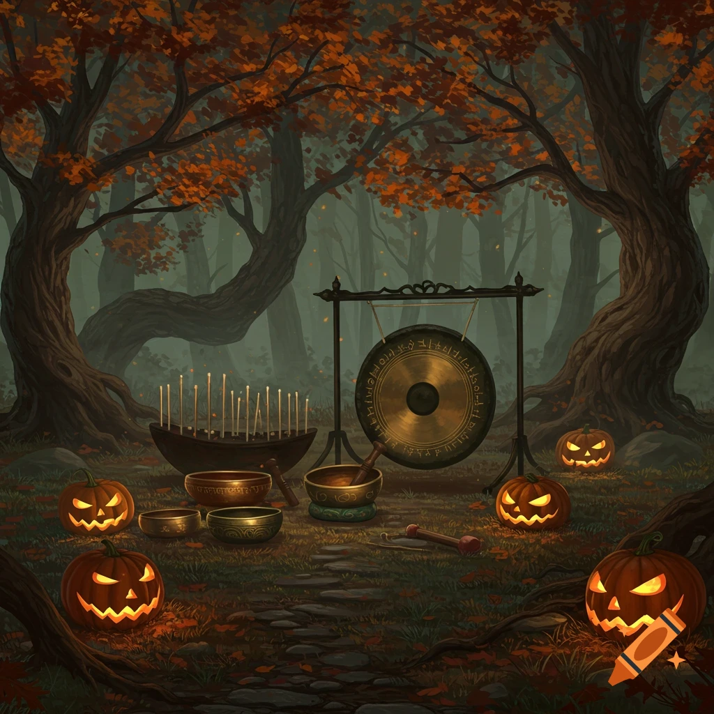 A spooky Halloween forest scene with glowing jack-o'-lanterns, singing bowls, and a large gong under autumn trees.