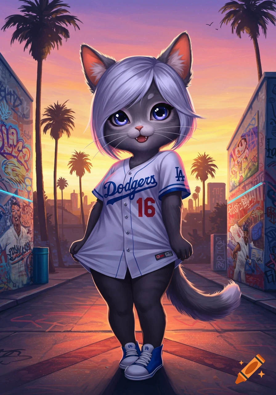 A cute anime cat girl with short silver hair and purple eyes wears a white Los Angeles Dodgers baseball jersey and blue sneakers on a graffiti-filled city street at sunset.