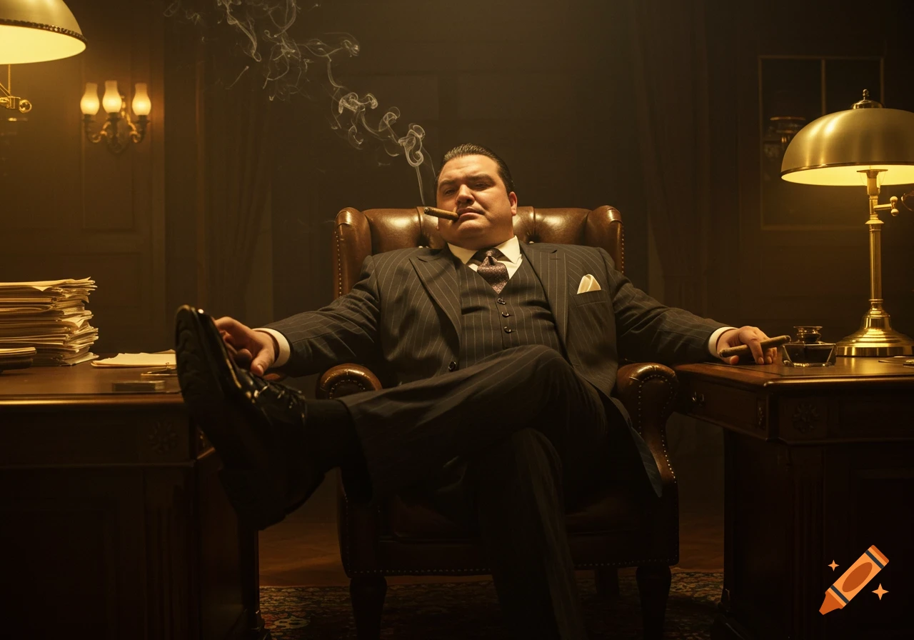 A man in a pinstripe suit sits back with his feet on a desk, smoking a cigar in a dimly lit, opulent office.