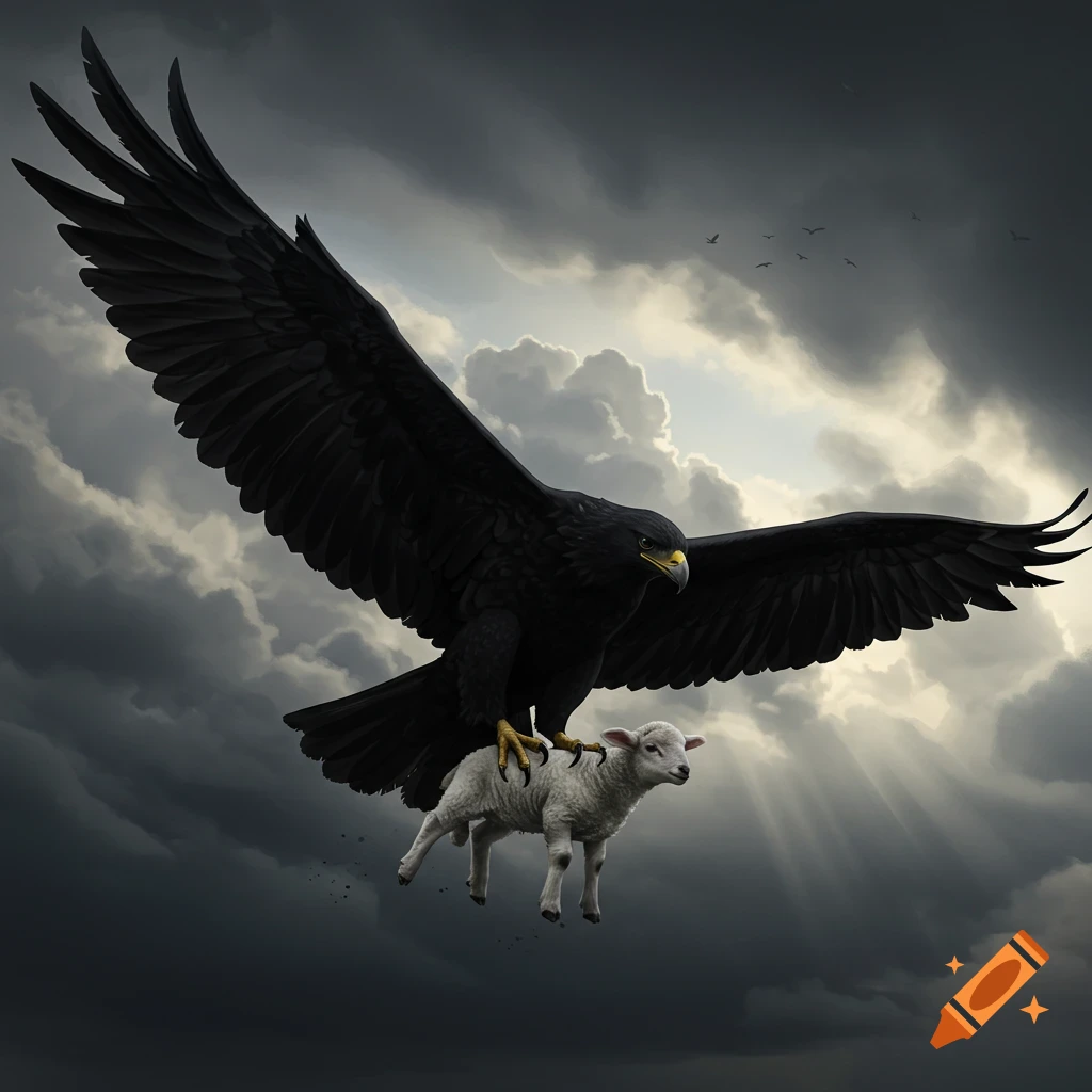 A large black eagle with yellow talons carries a small white lamb through a dramatic stormy sky with sun rays.