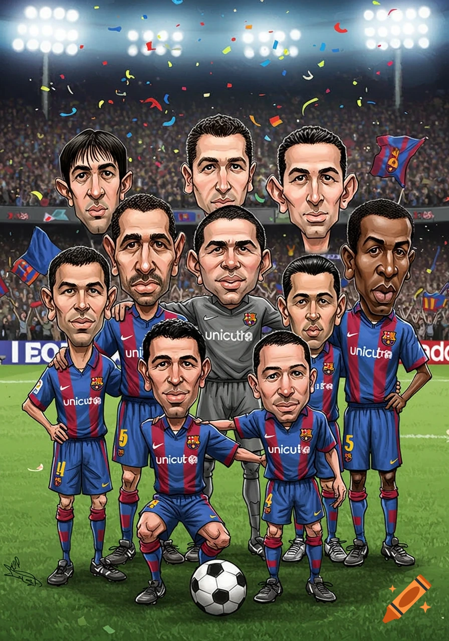 Caricature of FC Barcelona football players in blue and red jerseys on a green field in a stadium.