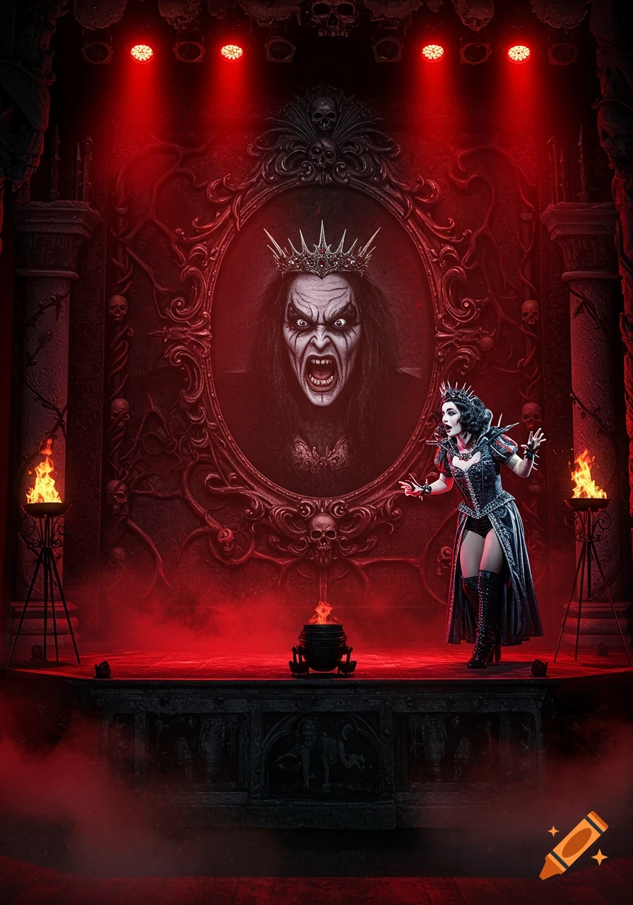 A gothic woman on a smoky, red-lit stage with torches, faces a mirror reflecting a screaming monstrous face, in a dark fantasy style.