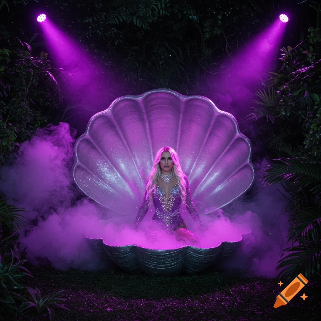 A woman in a purple rhinestone catsuit with long blonde hair sits in a giant silver seashell in a dark jungle, lit by purple spotlights and smoke.