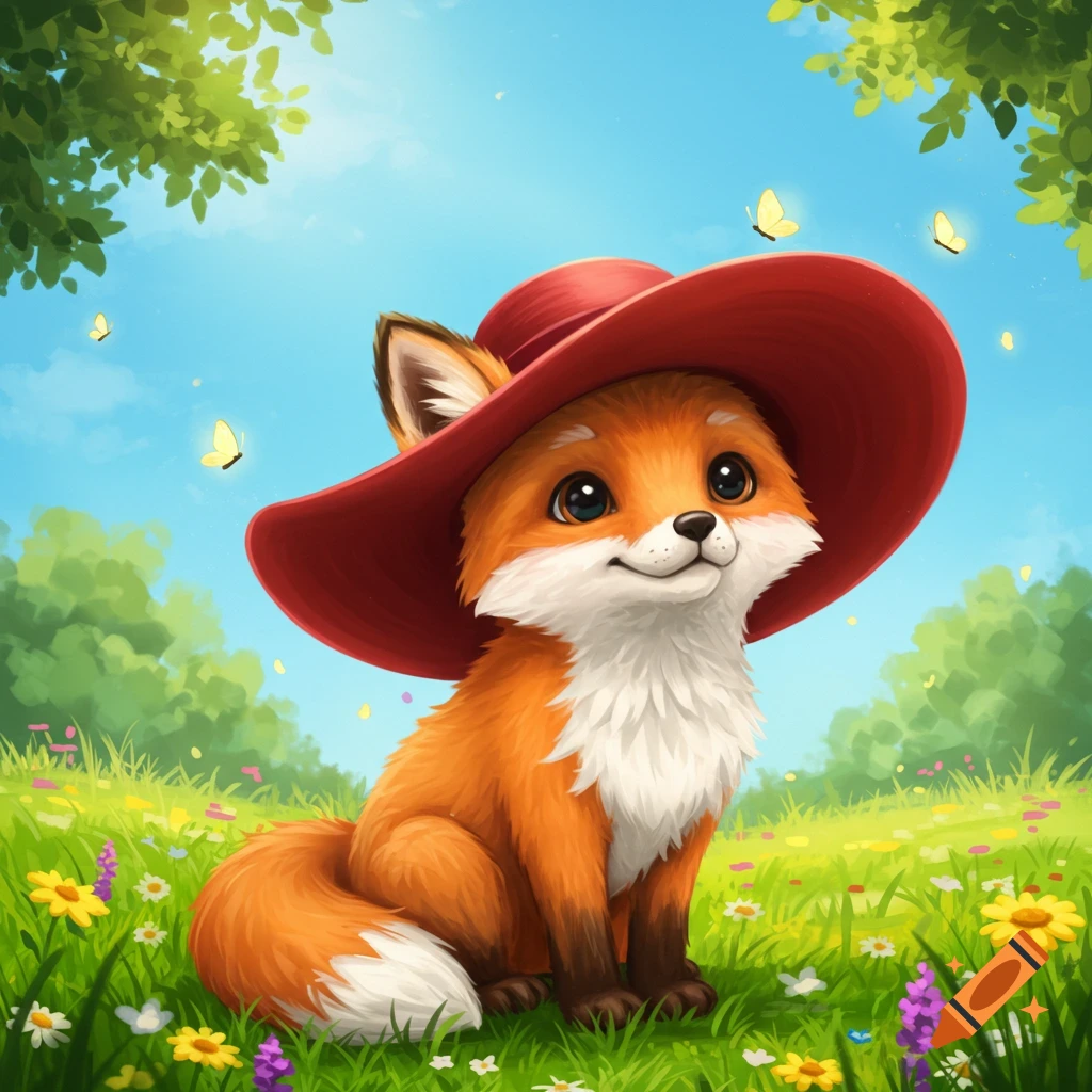A cute, smiling cartoon fox wearing a red floppy hat sits in a sunny field with colorful flowers and butterflies.