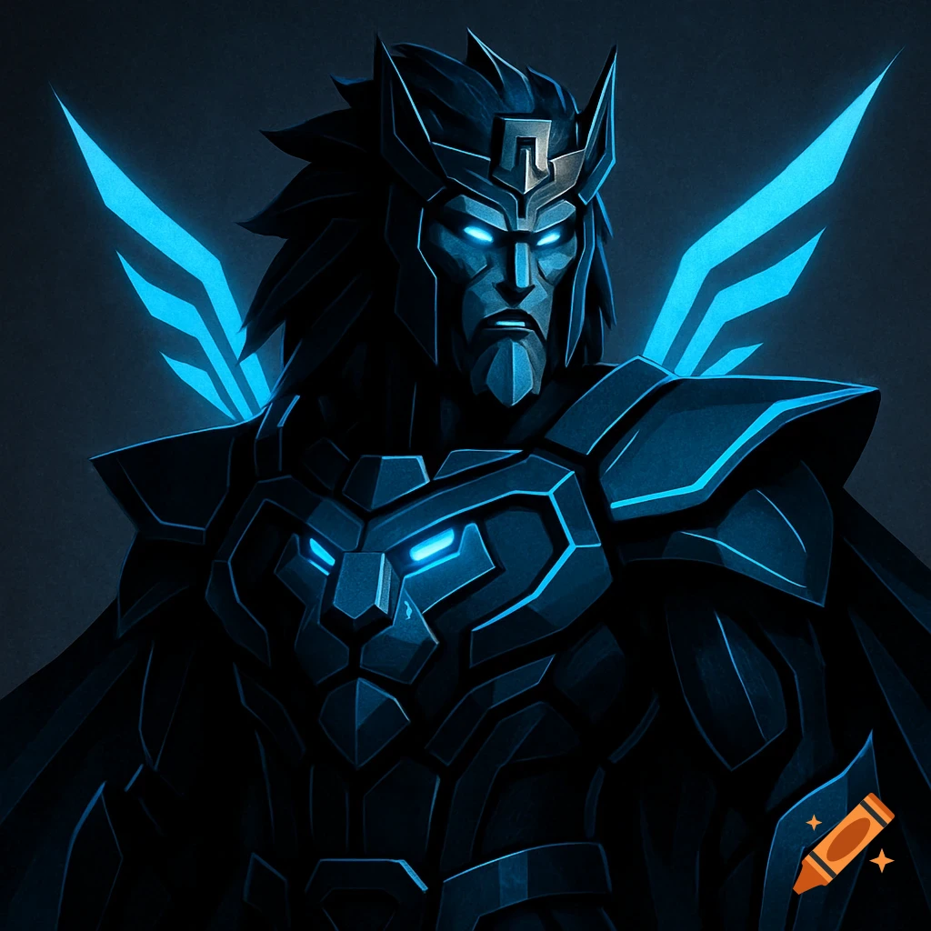 Dark armored warrior with glowing blue eyes, helmet, and lion-inspired chest plate in a stylized, futuristic design.