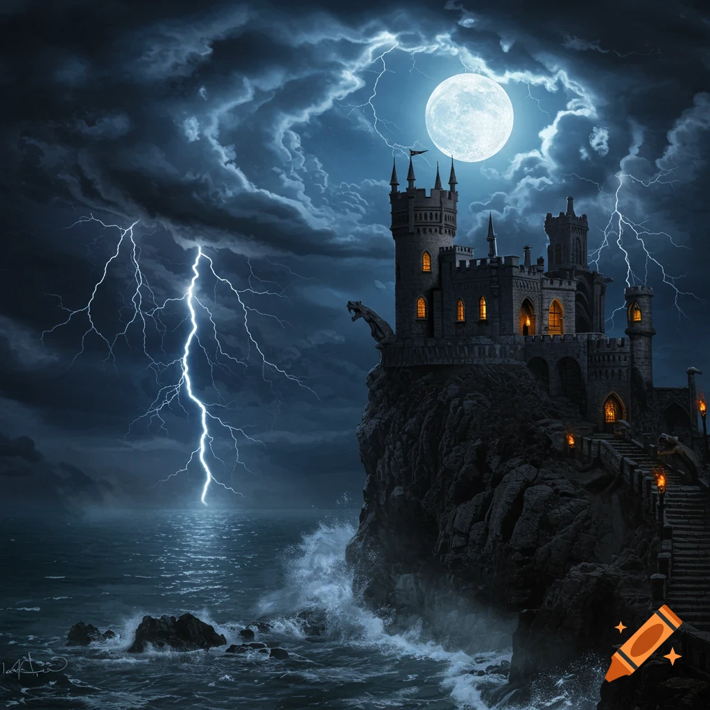 A gothic castle on a rocky cliff by a stormy sea under a full moon, with lightning striking the water.