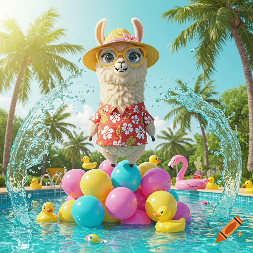 A cute cartoon llama wearing a straw hat and Hawaiian shirt stands on colorful balls in a swimming pool with rubber ducks and palm trees.