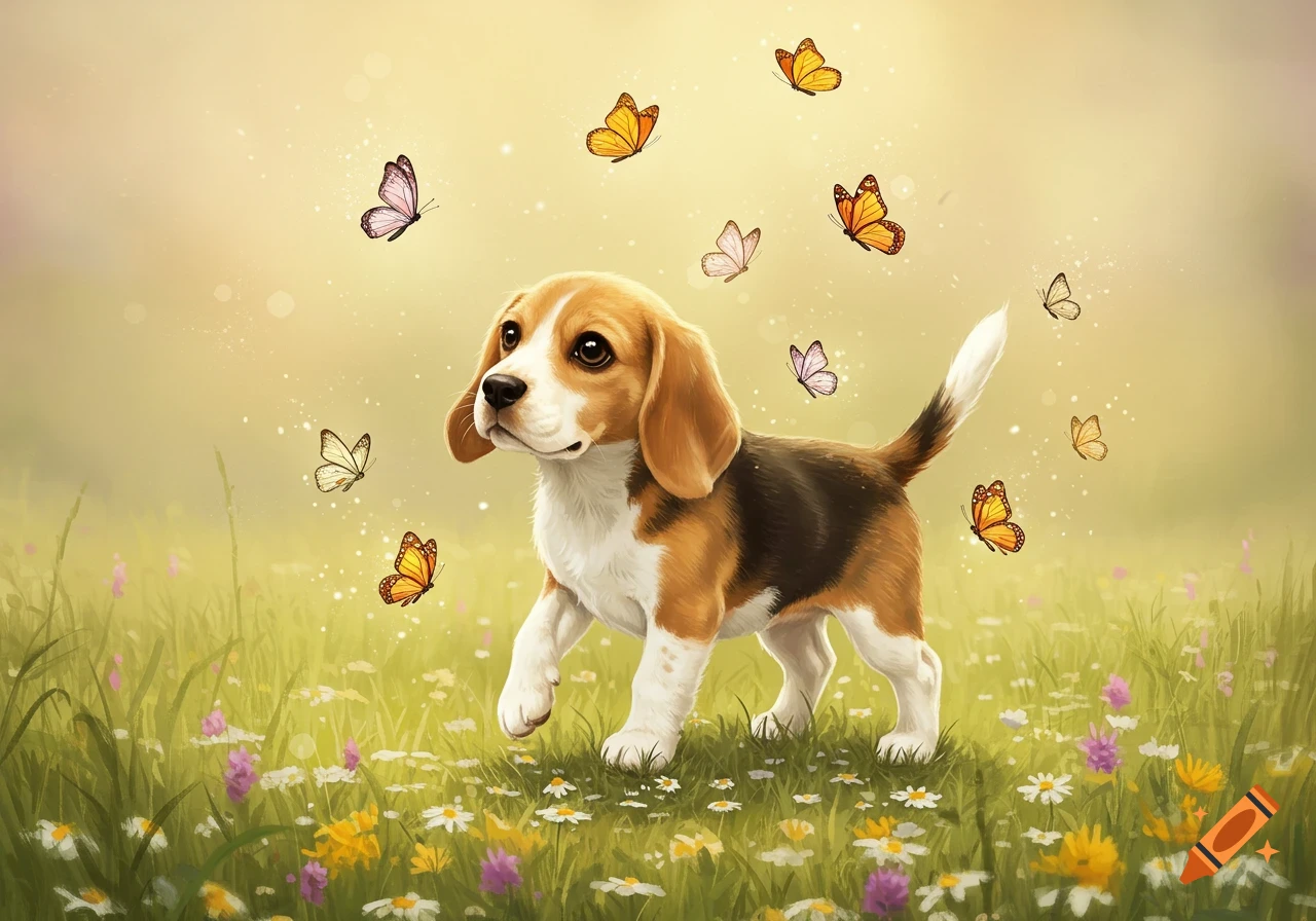 Cute beagle puppy walking through a field of wildflowers with colorful butterflies flying around it, in a bright, soft art style.