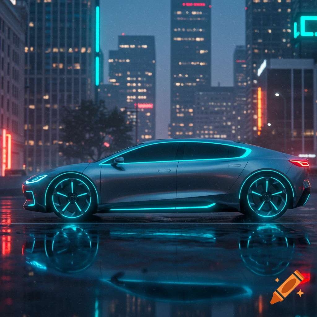 A futuristic silver electric car with glowing blue accents parked on a wet city street at night, with neon-lit skyscrapers in the background.
