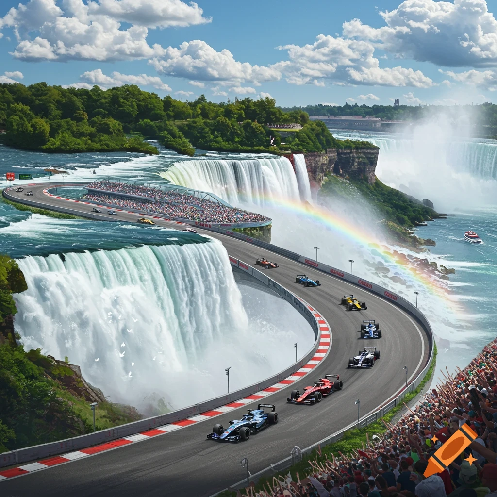 Photorealistic image of an F1 race track dramatically winding over and around Niagara Falls with several race cars and crowds.