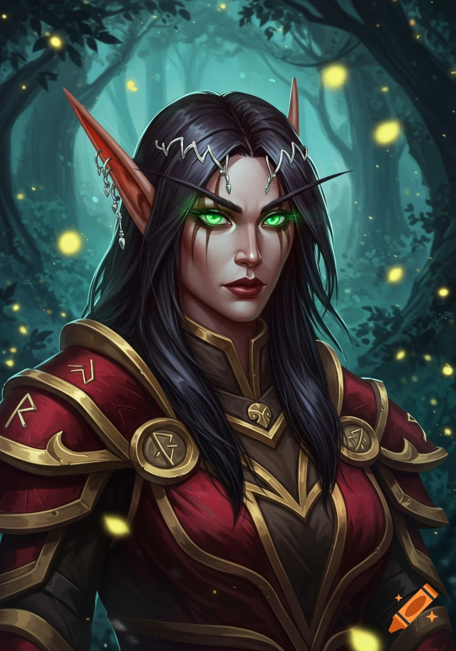 A detailed portrait of a dark-haired female elf with glowing green eyes and red and gold armor in a dark forest.