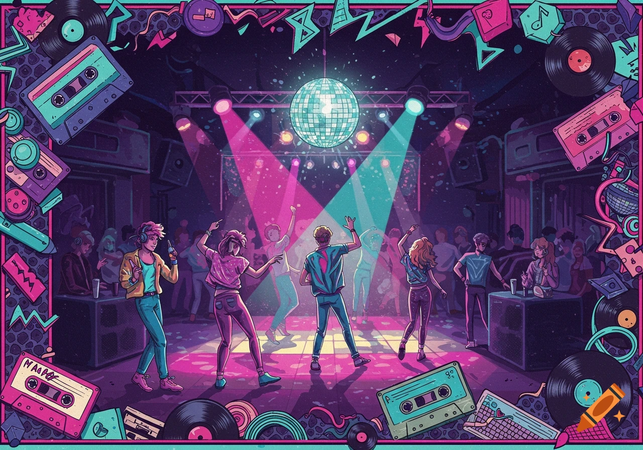 Vibrant 80s-style illustration of people dancing in a neon-lit disco, framed by retro cassette tapes and vinyl records.