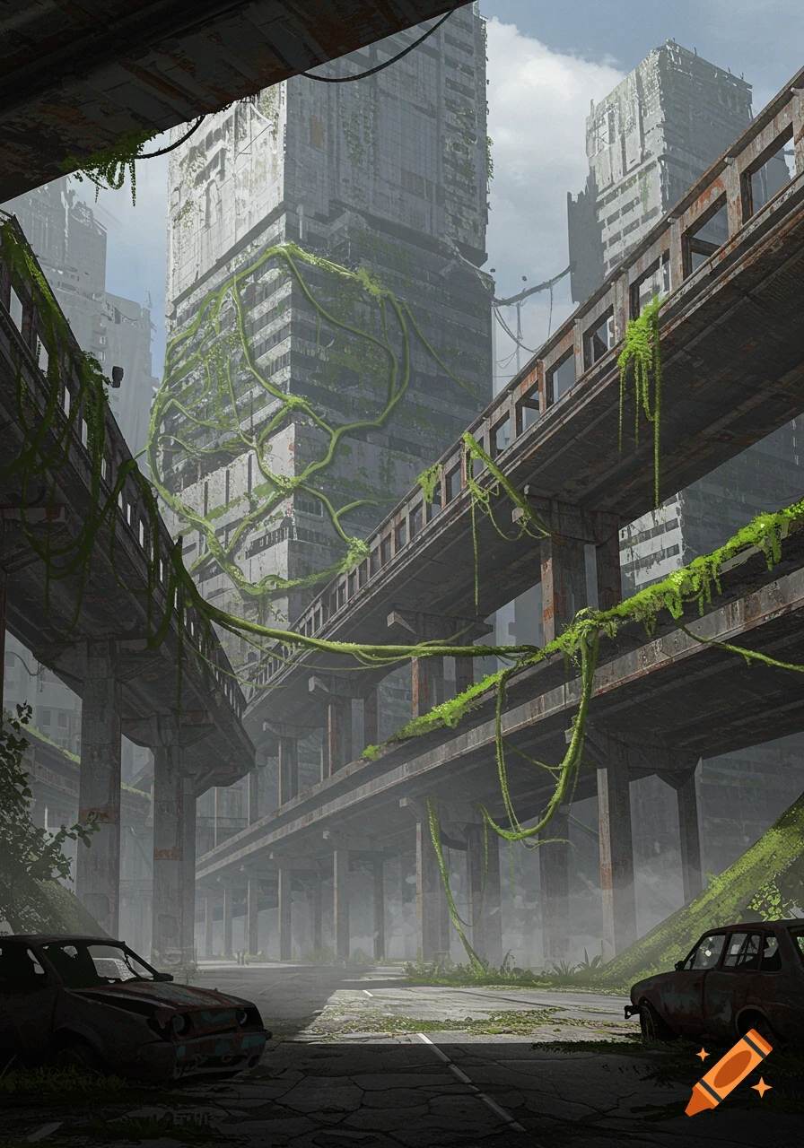 A desolate, post-apocalyptic cityscape with ruined skyscrapers covered in green vines, rusty elevated highways, and abandoned cars on a cracked street.