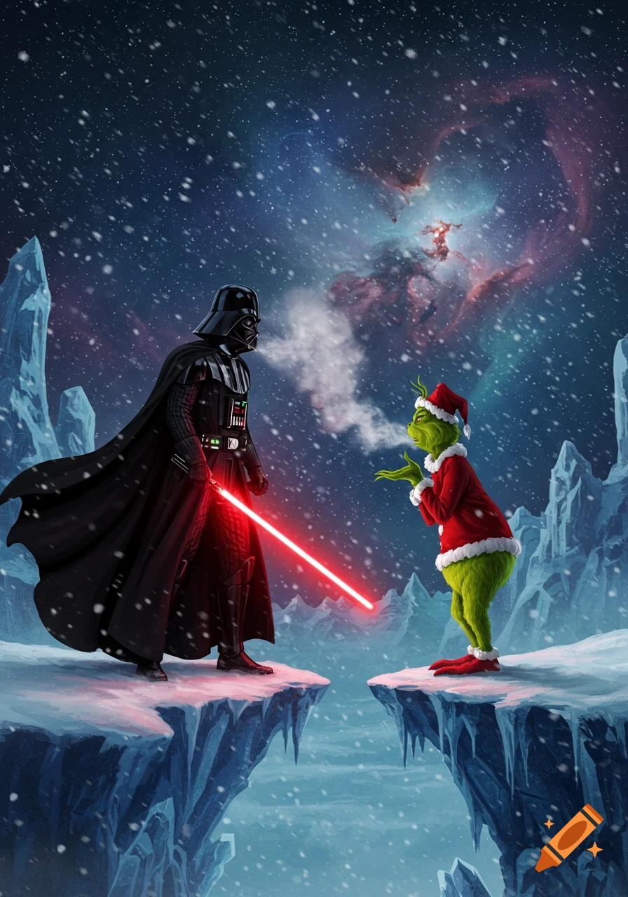 Darth Vader with a red lightsaber faces The Grinch in a Santa suit on snowy, icy cliffs under a starry, nebula-filled sky.
