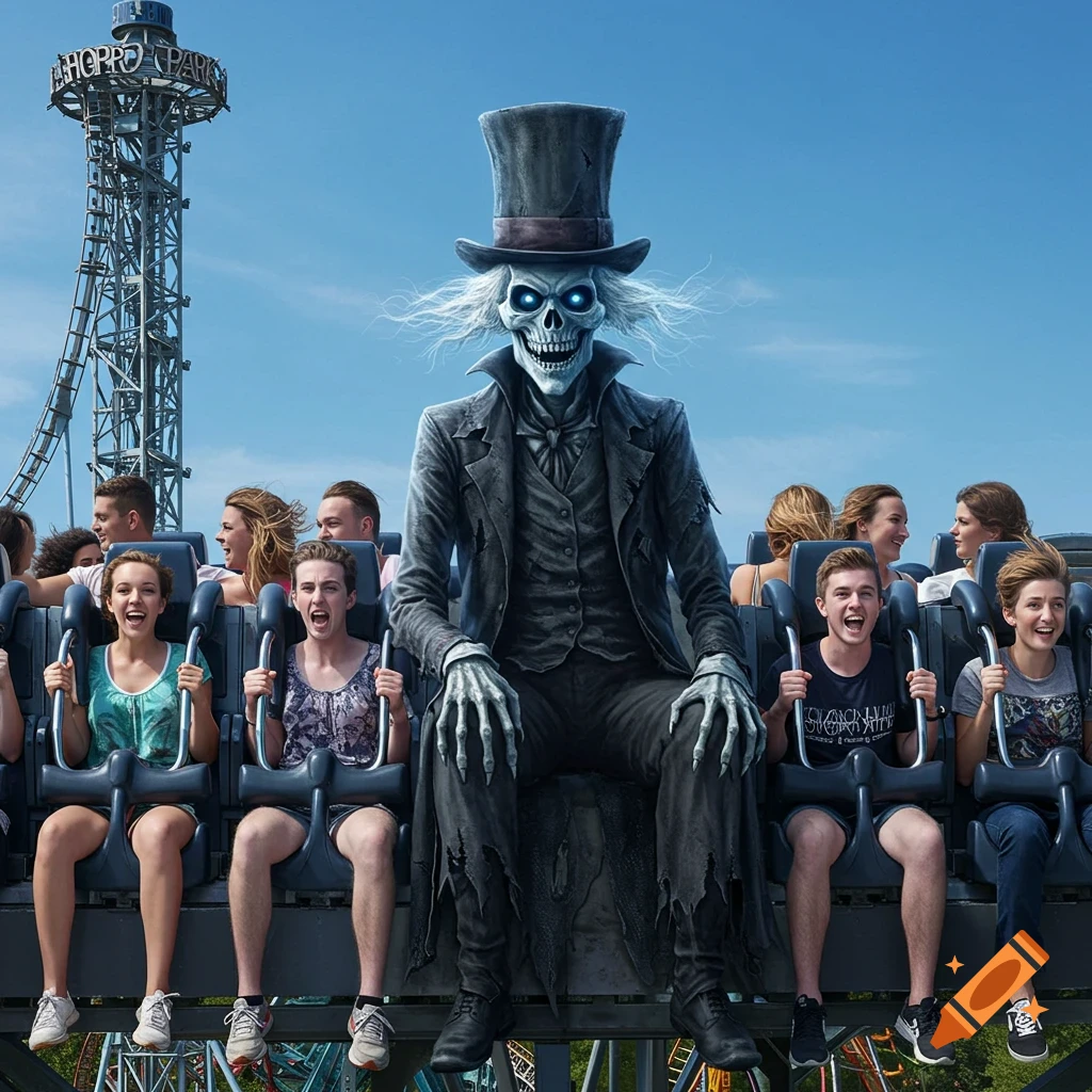A skeletal ghost in a top hat with glowing blue eyes sits on a roller coaster in a theme park, surrounded by screaming people.