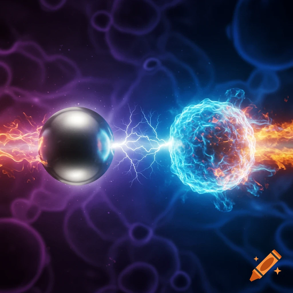 A shiny metallic sphere and a glowing blue energy sphere connected by lightning, with fiery trails and an abstract background.