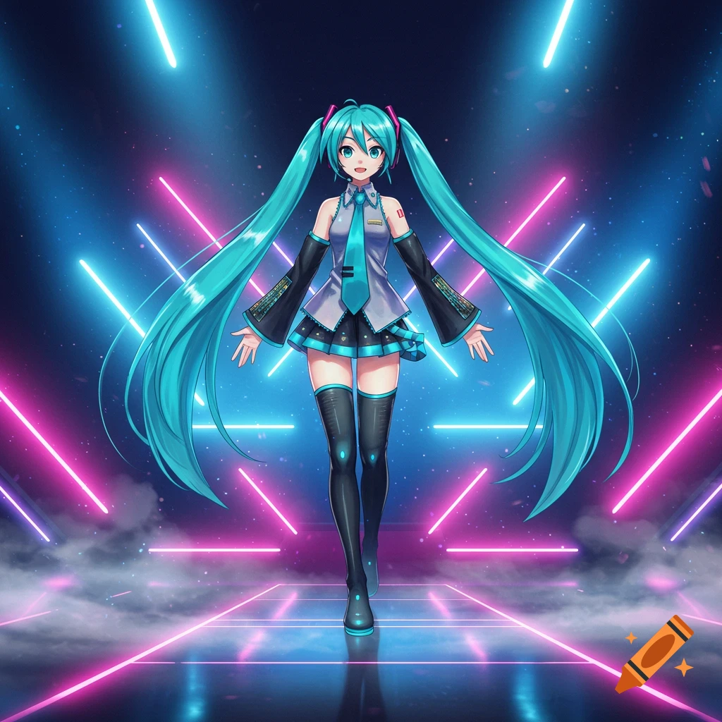 Anime character Hatsune Miku stands on a futuristic stage with glowing pink and blue neon lights and smoke.