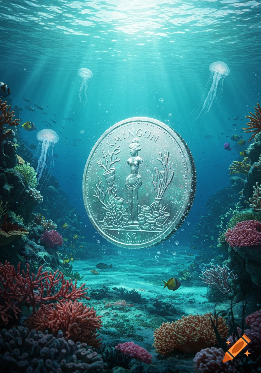 A large, ornate silver coin featuring a carved figure floats in a luminous underwater coral reef with fish and jellyfish.