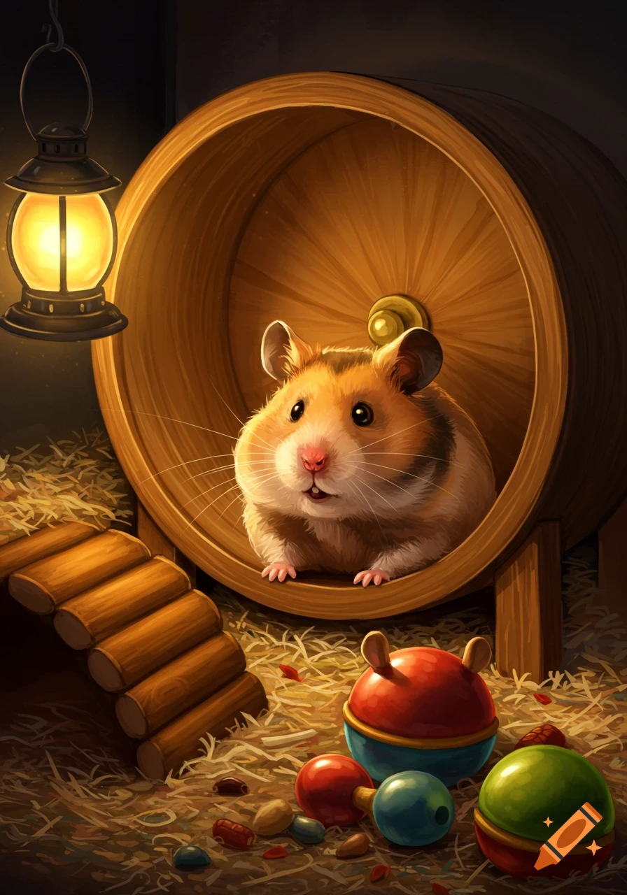 A fluffy hamster looks out from a wooden exercise wheel, surrounded by hay and colorful toys, illuminated by a warm lantern.