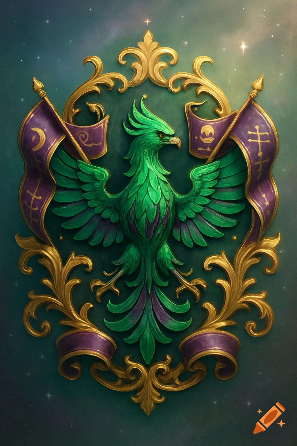 A vibrant green phoenix-like bird within a golden ornate crest, flanked by purple banners with symbols, against a starry background.