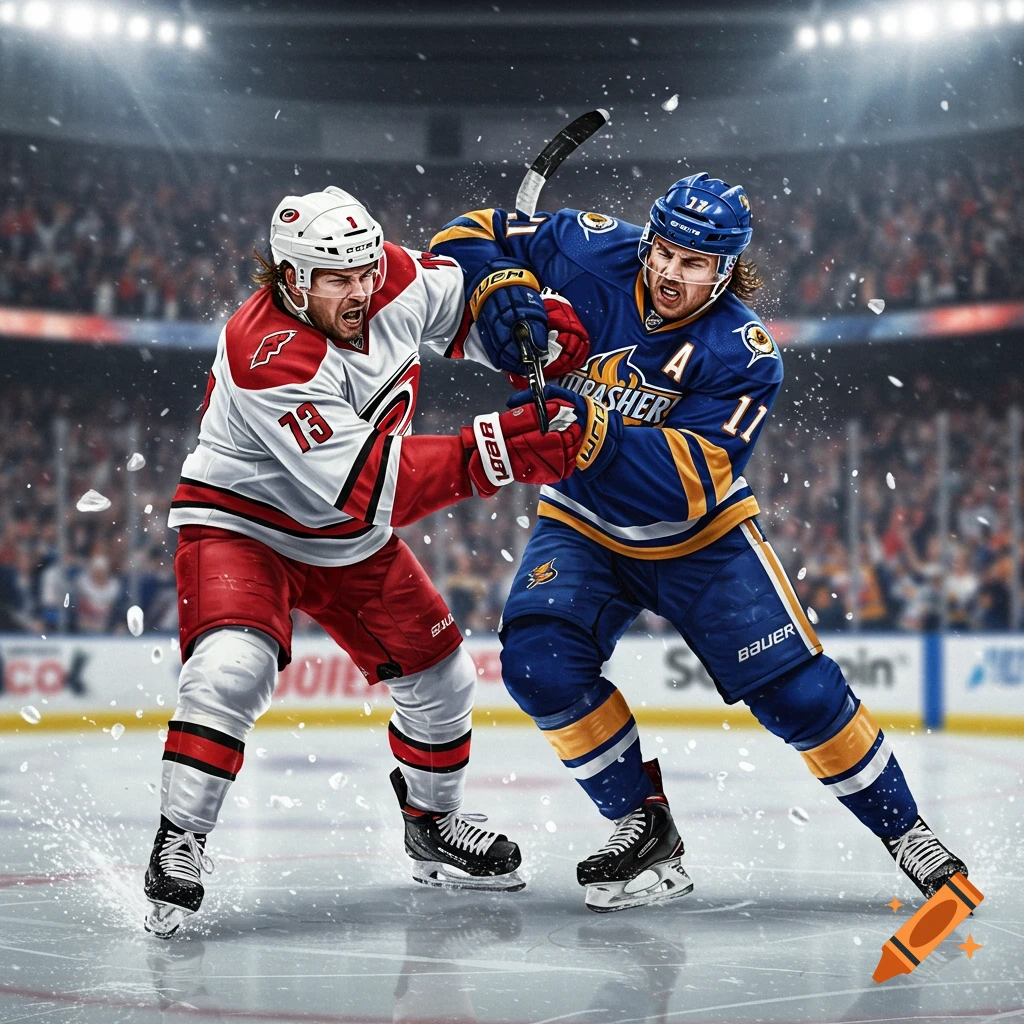 Two hockey players, one in red and white and another in blue and gold, collide on the ice during a game, with ice spray around their skates. The crowd is blurred in the background.