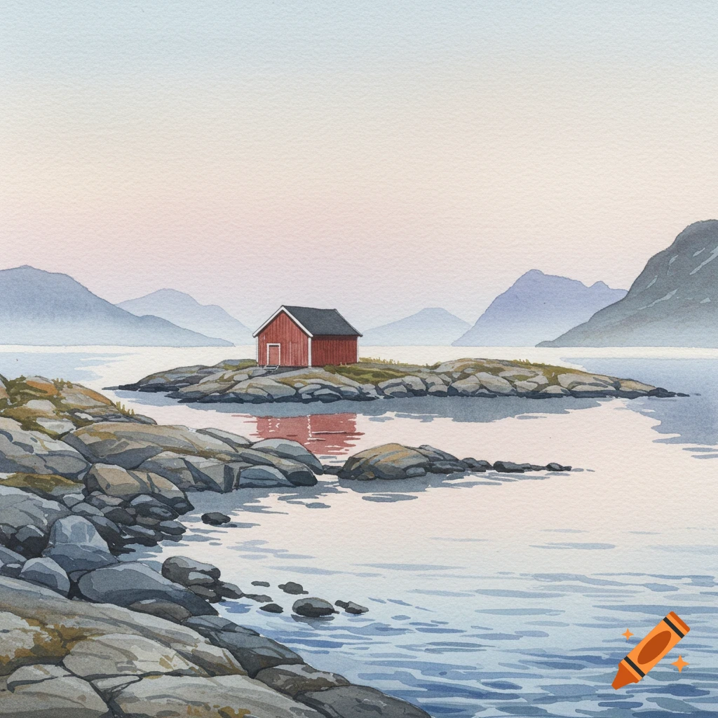 Watercolor painting of a red house on a rocky island in a calm sea with distant mountains under morning light.