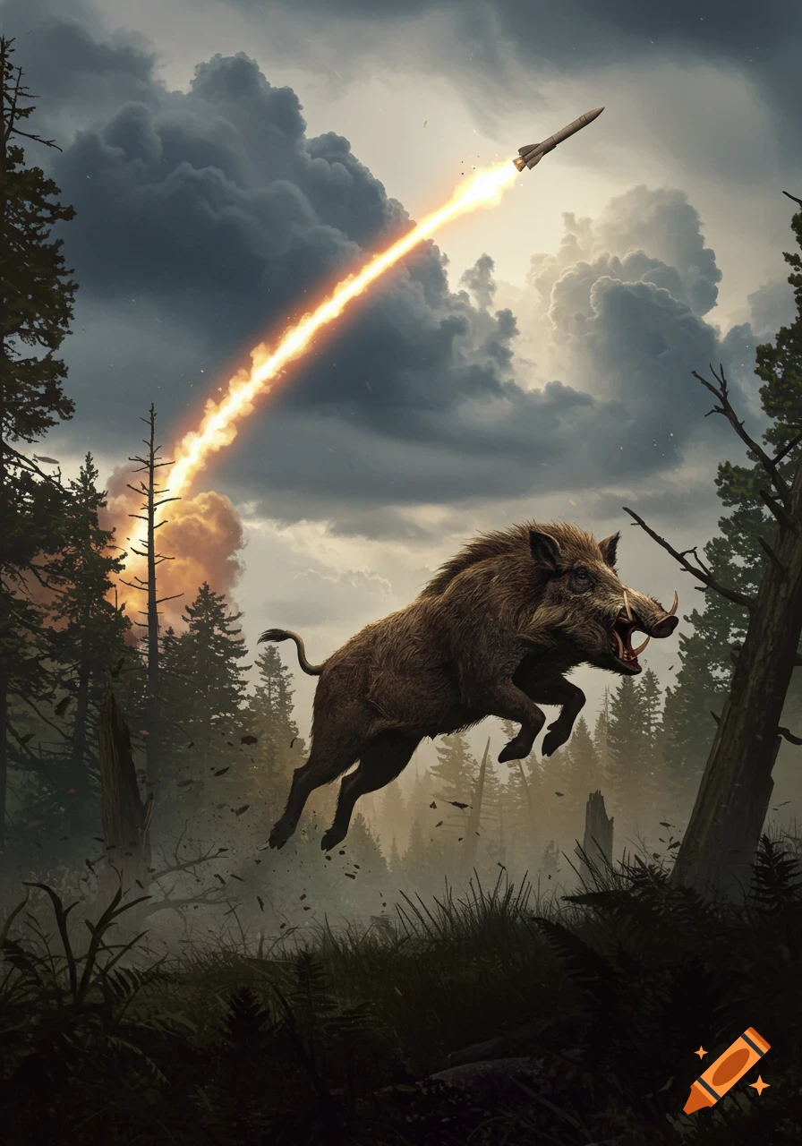 A wild boar leaps through a dark forest as a fiery rocket flies overhead with an explosion in the background, digital art.