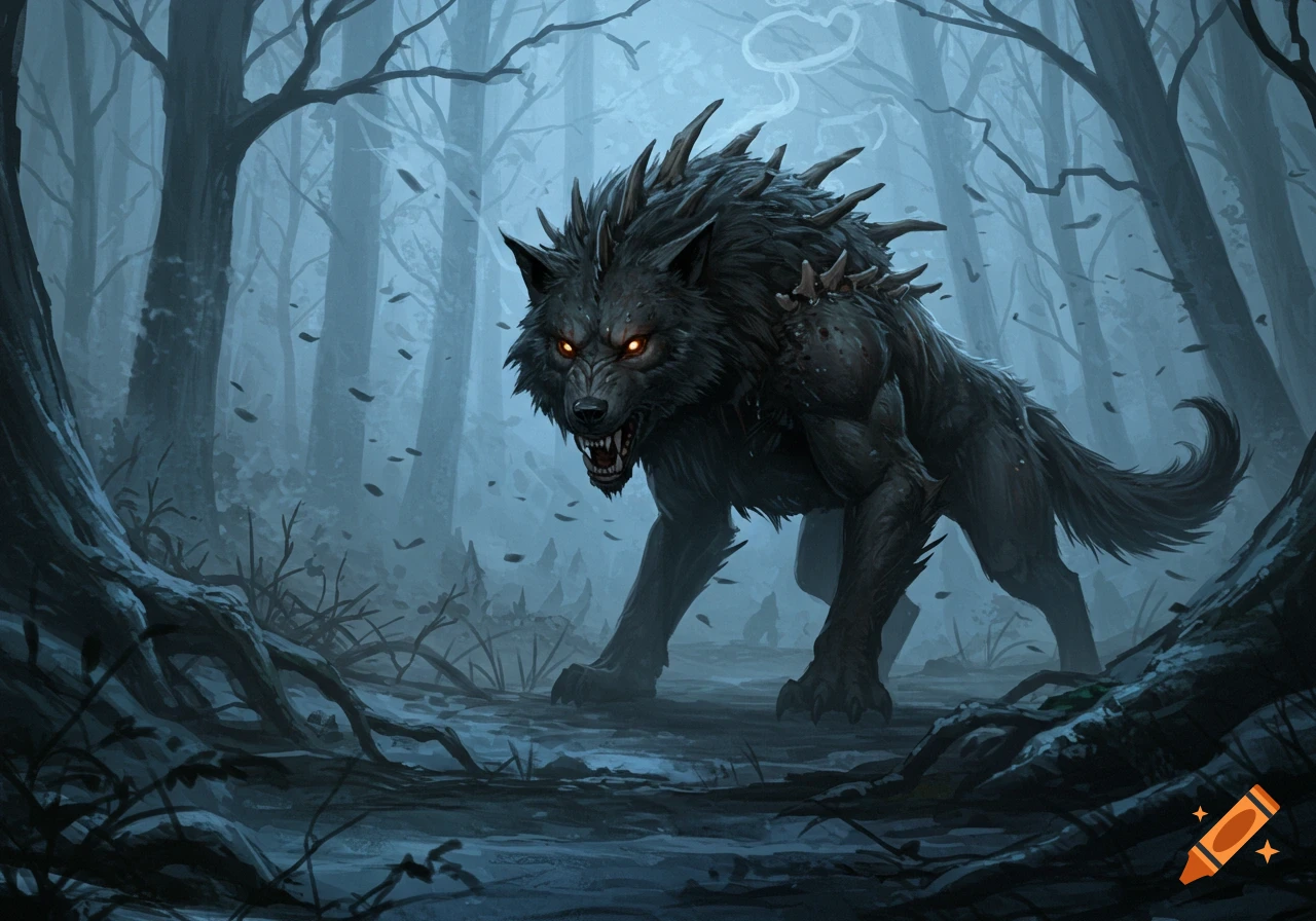 A fearsome monstrous wolf with glowing red eyes snarls in a dark, misty forest, digital painting.