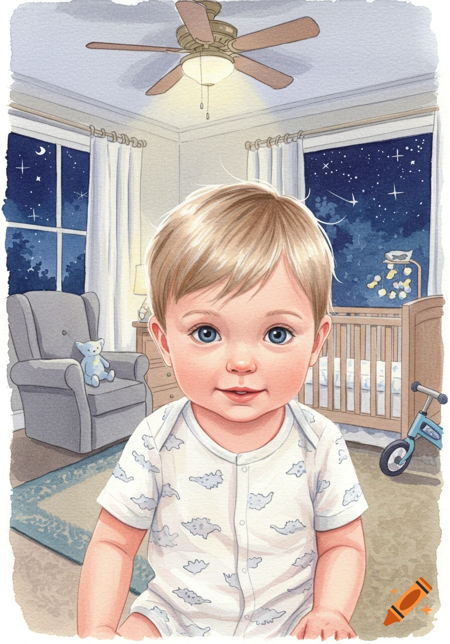 A watercolor illustration of a smiling toddler boy with blonde hair and blue eyes in a cozy nursery at night. Stars are visible outside the window.