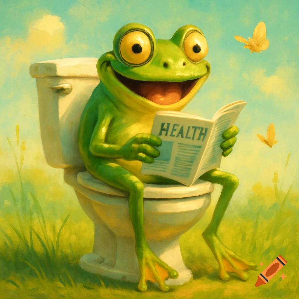 A funny green frog with bulging eyes sits on a toilet in a grassy field, reading a magazine titled 'HEALTH' as butterflies fly around. Cartoon style.