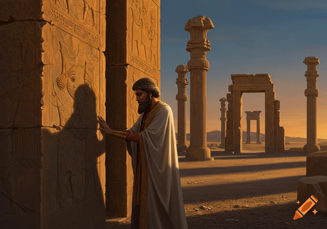 A bearded man in ancient robes sadly touches intricate carvings on a stone wall at Persepolis ruins during sunset.
